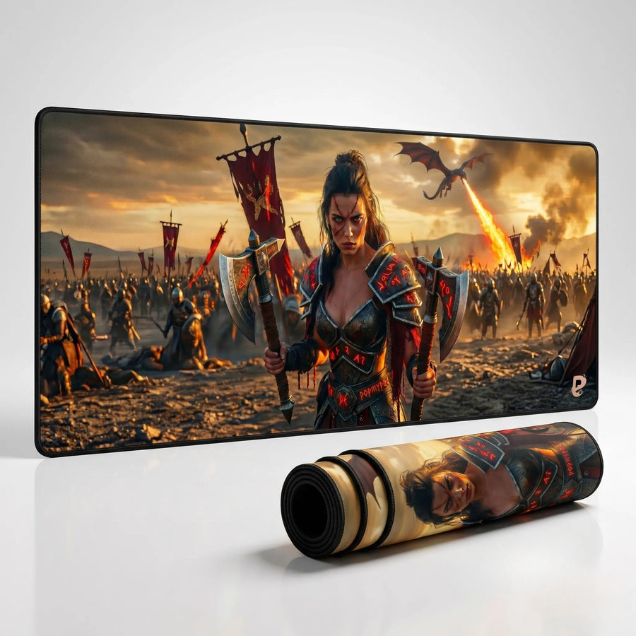 Tapis de souris XXL Guerrière Fantasy PopMyPad, dragon runique, visuel 1