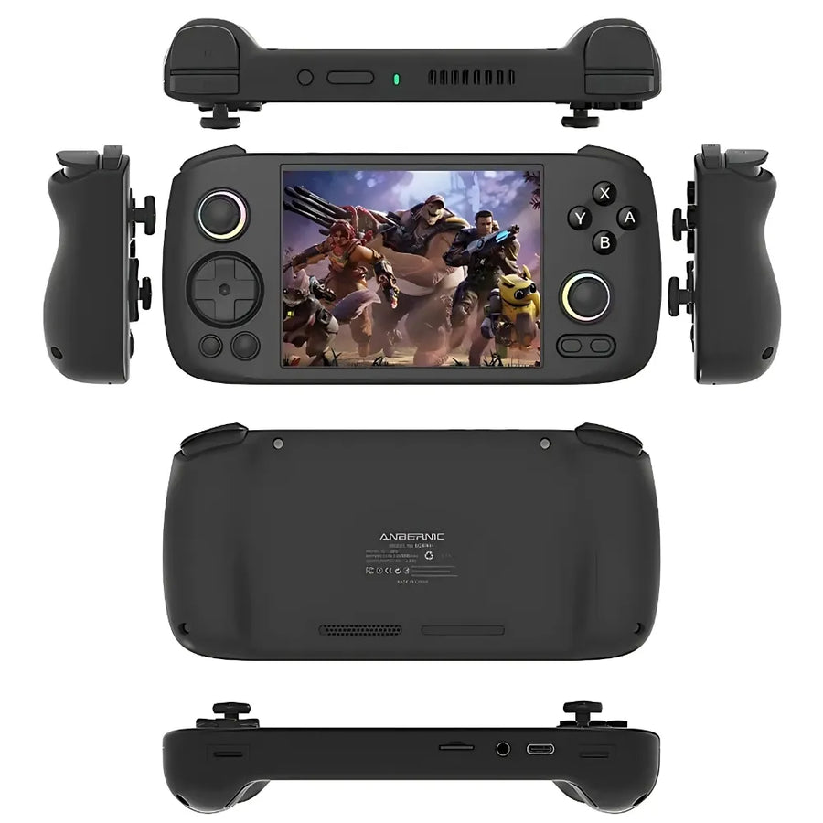 Anbernic RG406H noire vue sous plusieurs angles, joysticks à effet Hall et écran 4 pouces