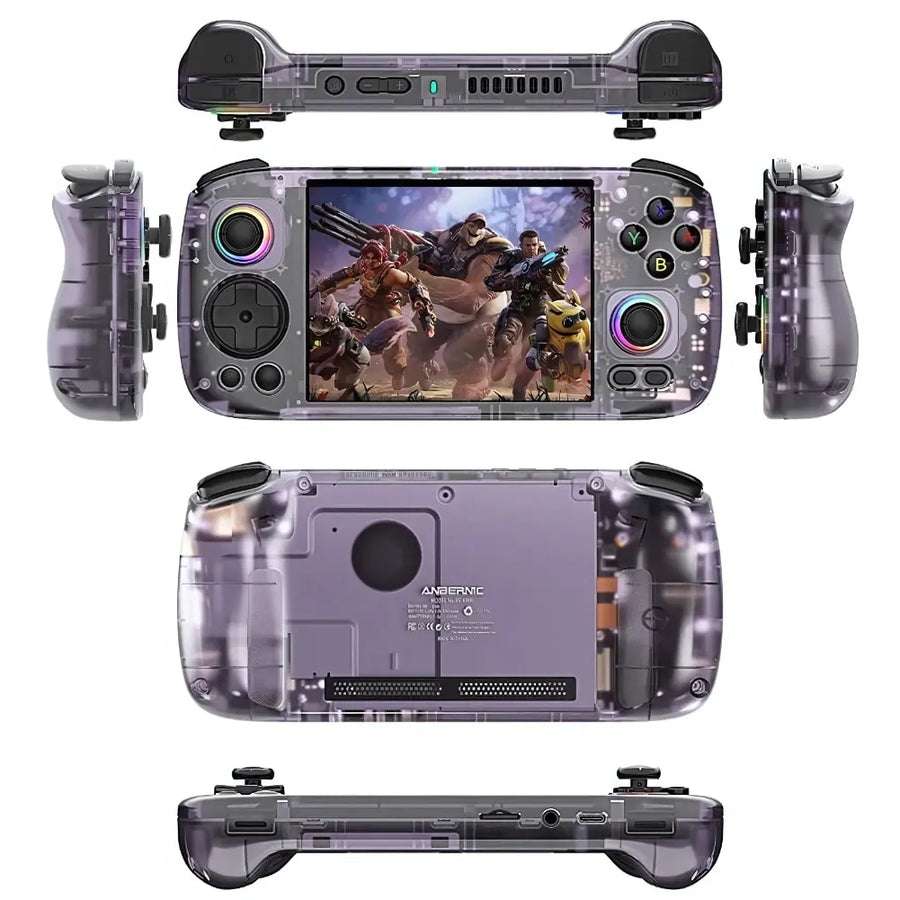 Anbernic RG406H violette vue sous plusieurs angles, tranches et connectique USB-C