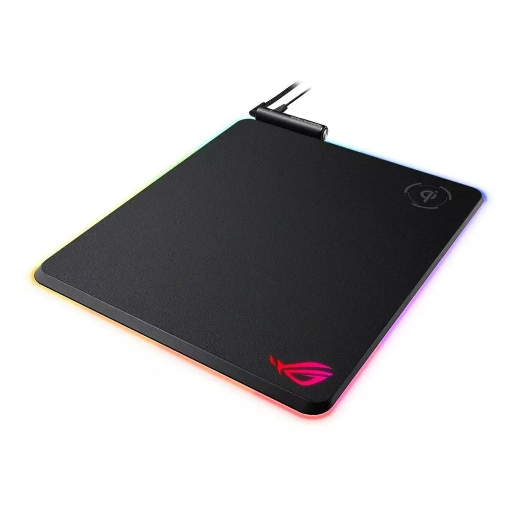 ROG Balteus Qi gaming mouse pad with RGB lighting and wireless charging feature, designed for ultra-fast tracking.