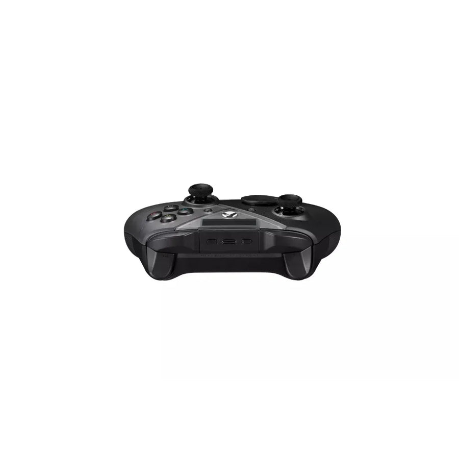Manette ROG Raikiri Pro sur fond blanc, vue de dessus avec boutons programmables et connecteurs.