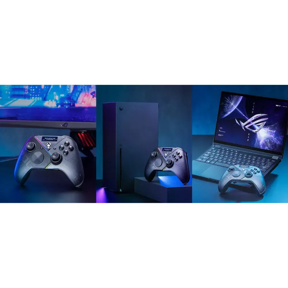Manette ROG Raikiri Pro tri-mode avec console Xbox et PC, offrant contrôle total et audio immersif avec écran OLED.