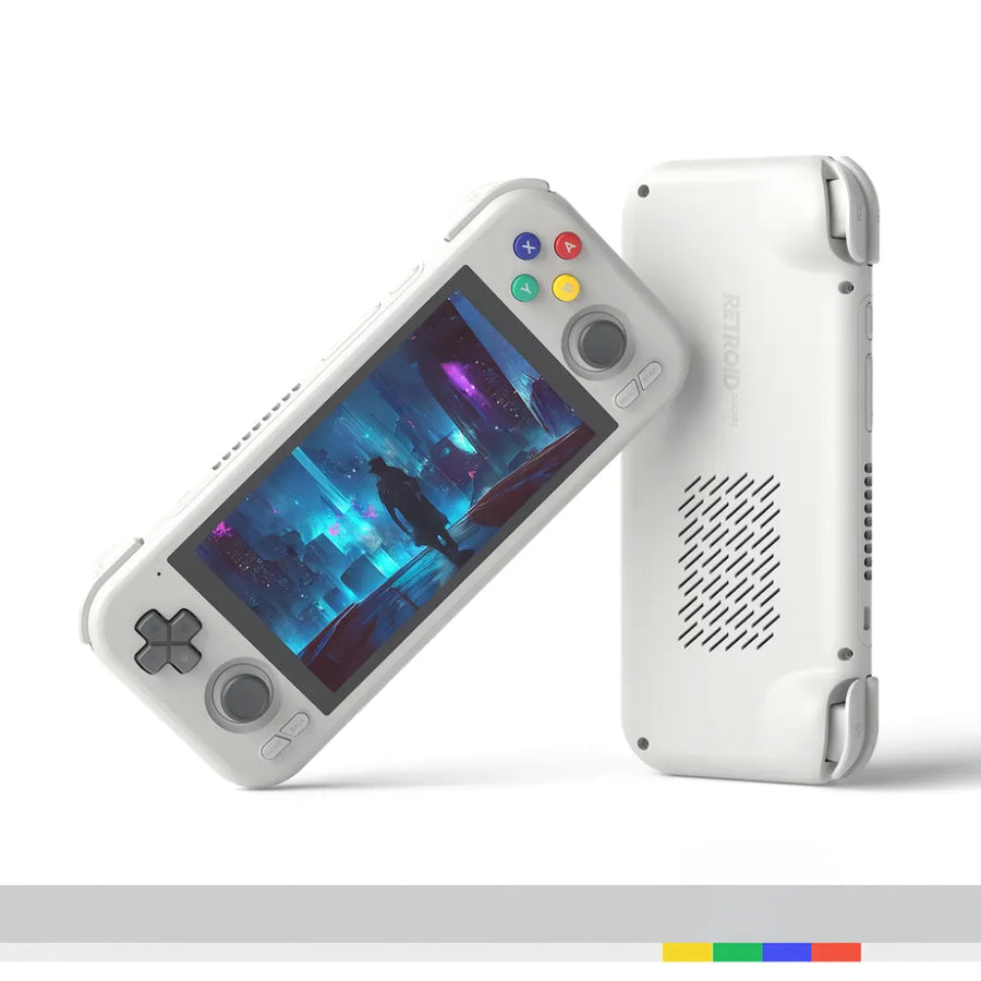 Retroid Pocket 4 Pro en blanc avec écran de jeu 4,7" et contrôles analogiques, affichant un univers de jeu vibrant.