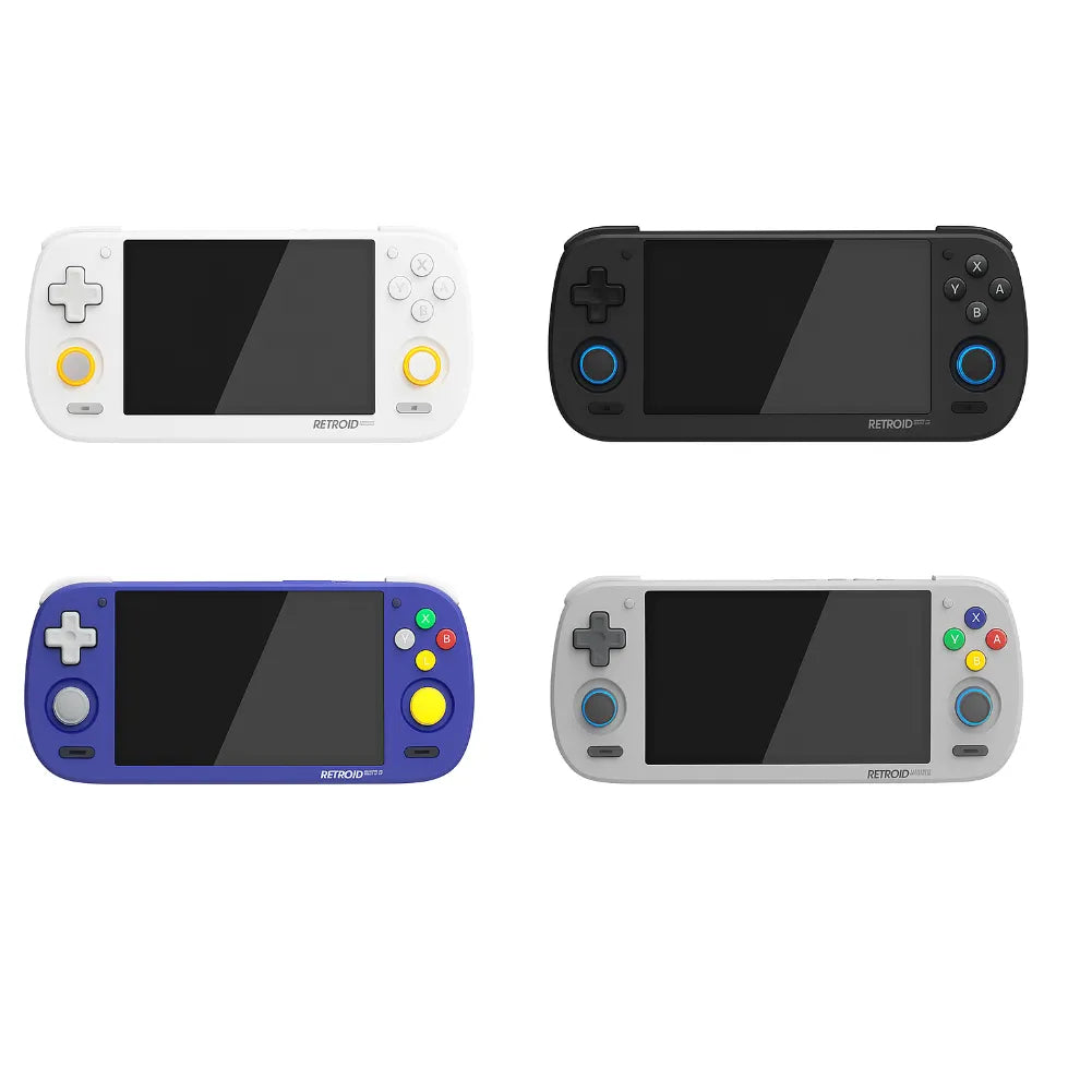 Retroid Pocket 5, consoles portables Android, quatre couleurs, performances de jeu avancées.