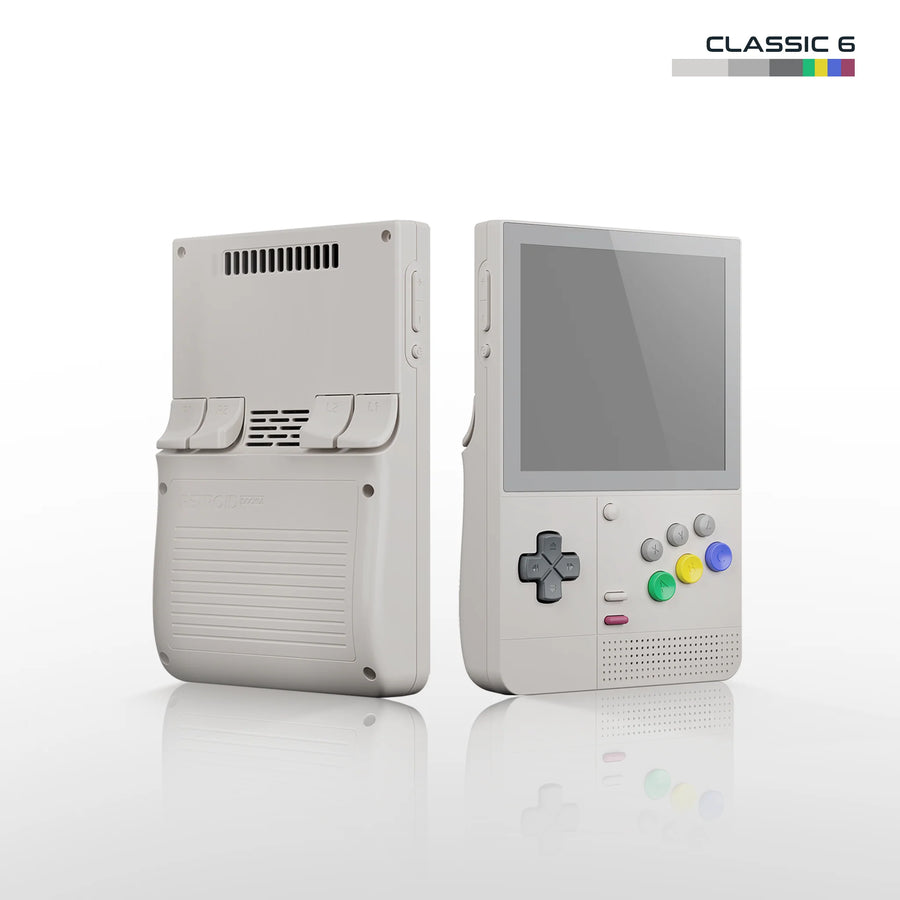 Retroid Pocket Classic - Console Android vue de face et arrière, design portable avec écran, boutons colorés et prise en main ergonomique.