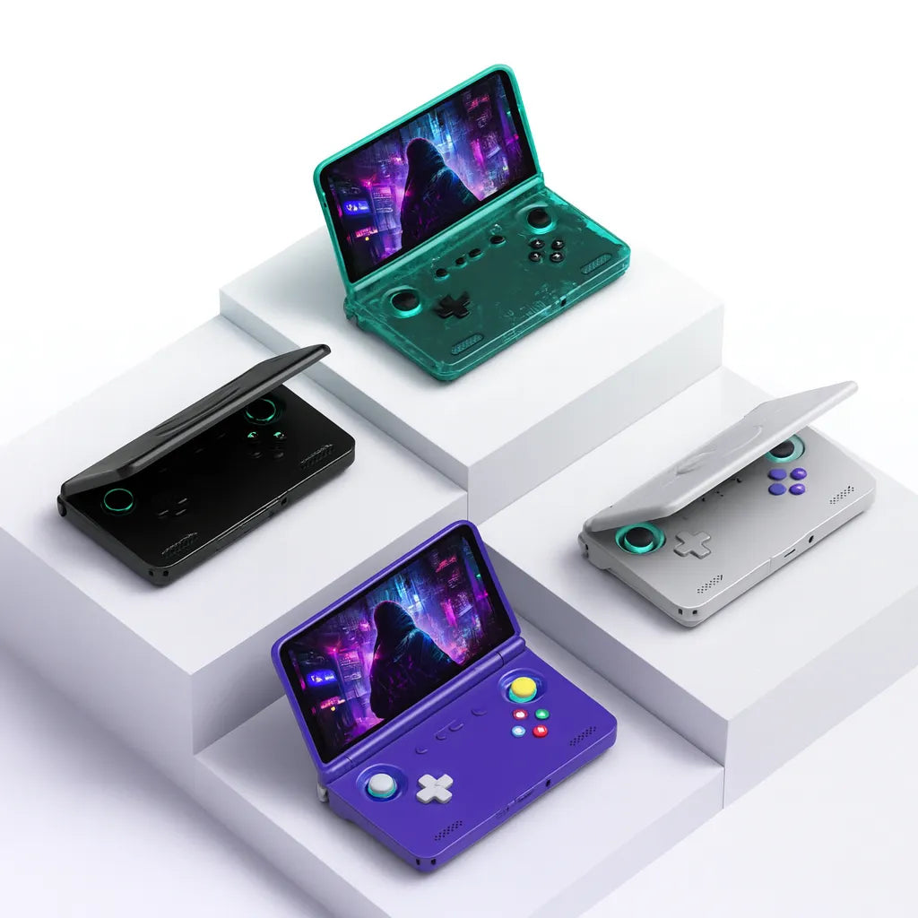 Image des consoles portables Retroid Pocket Flip 2 en différentes couleurs, écran pliable AMOLED et design élégant.