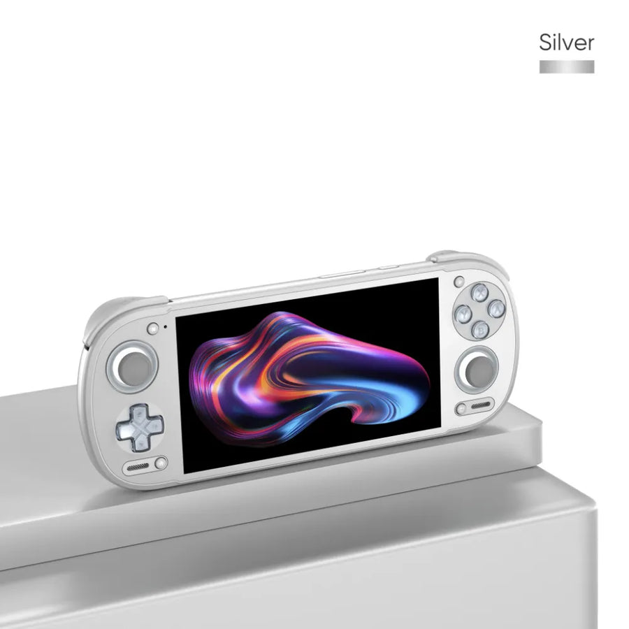 Retroid Pocket 6 grise, console portable rétro, vue de dessus avec joysticks