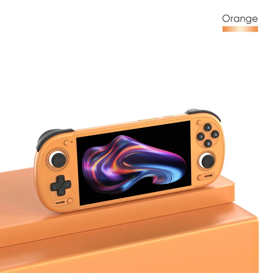 Retroid Pocket 6 orange, console portable rétro, vue de dessus avec joysticks