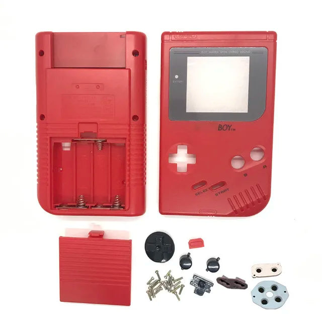Coque complète Game Boy DMG rouge, façade, dos, cache-piles, boutons et pads présentés à plat