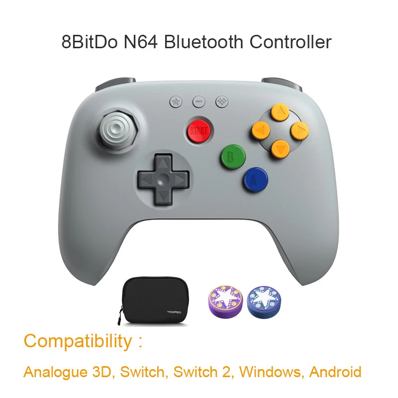 Manette 8BitDo 64 Bluetooth à trois poignées, stick à effet Hall dans la grille d'origine