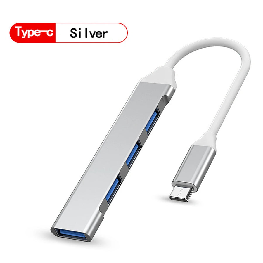 Hub USB 4 ports avec câble court, connecteur USB-A ou USB-C — USB-C argent