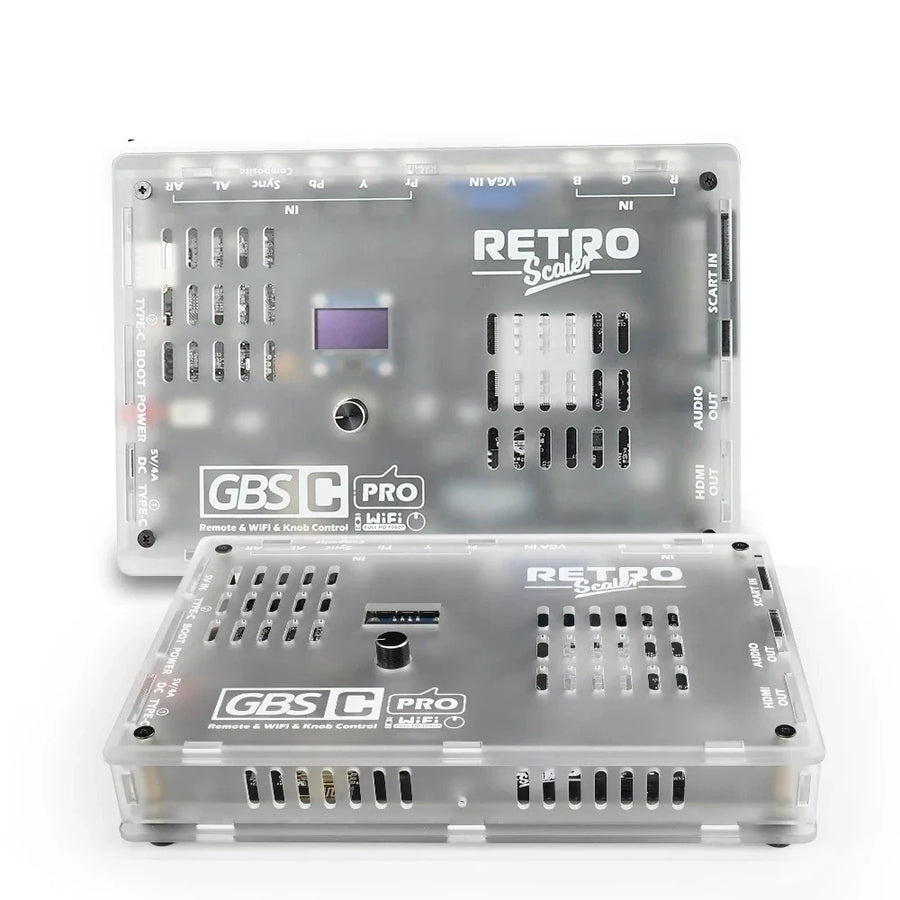 Convertisseur GBSC Pro RetroScaler, boîtier translucide vu de face et de dos