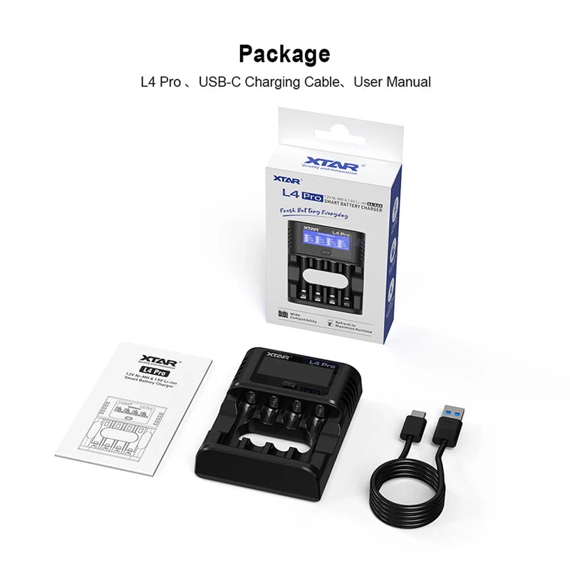 Contenu du colis : chargeur XTAR L4 Pro, câble USB-C vers USB-A et notice