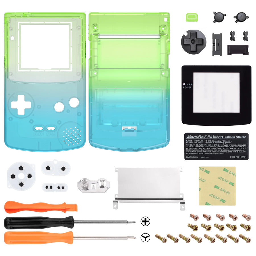 Coque de remplacement complète eXtremeRate pour Game Boy Color, prédécoupée pour écran IPS — Bleu-vert translucide