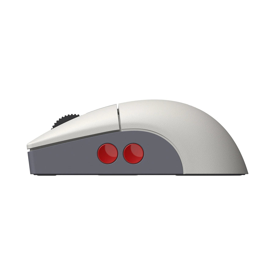 8BitDo Retro R8 N Edition mouse in side view, two red side buttons