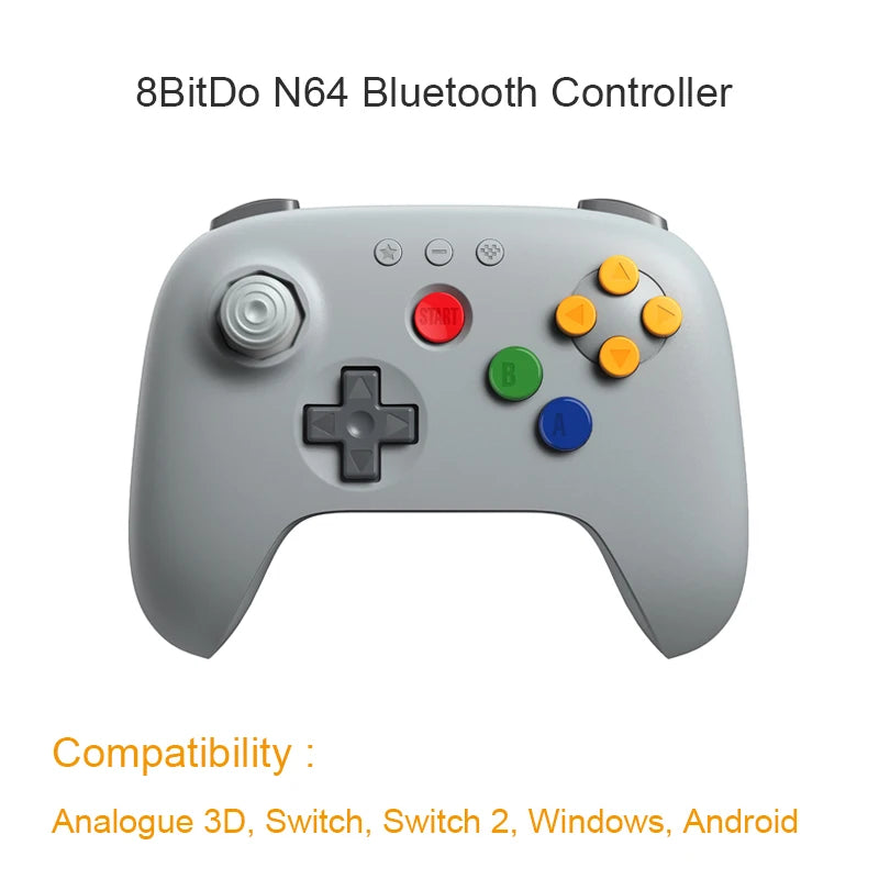 Manette 8BitDo 64 Bluetooth à trois poignées, stick à effet Hall dans la grille d'origine