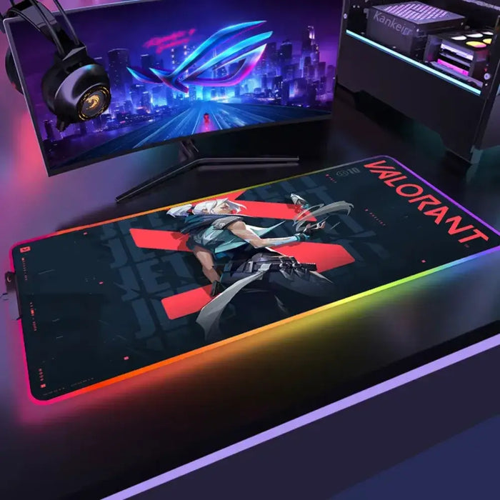 The surface: smooth, 3 mm — LED lighting and maximum responsiveness – Valorant Jett RGB gaming mouse pad