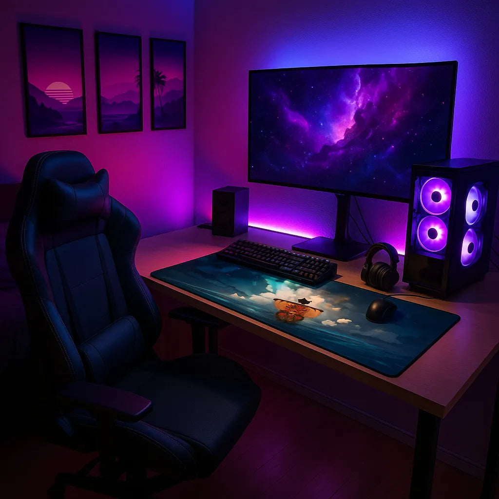 Tapis de souris XXL One Piece sur un bureau de jeu avec éclairage LED et décor moderne, idéal pour les gamers.