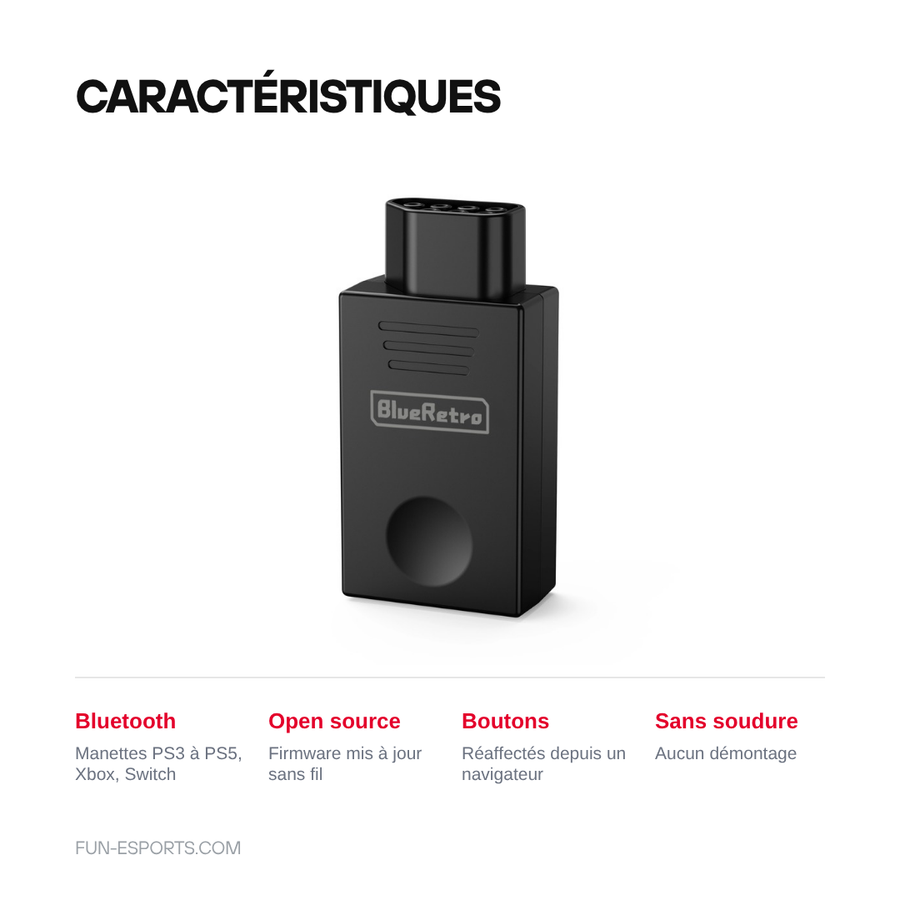 Features of the BlueRetro adapter for NES: Bluetooth, open-source firmware, remappable buttons, no soldering