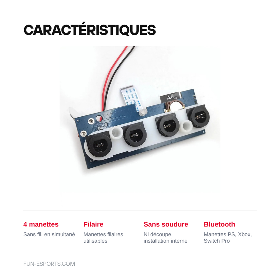 Features of the iBlueControlMod internal Bluetooth adapter for GameCube: four wireless controllers, wired controllers usable, no soldering
