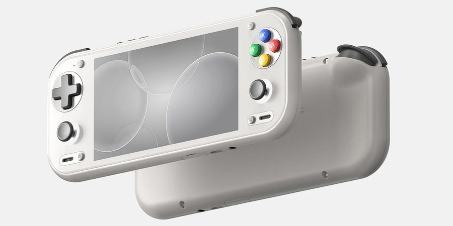 Console Anbernic RG 55G1 coloris gris rétro, vue de face et de dos