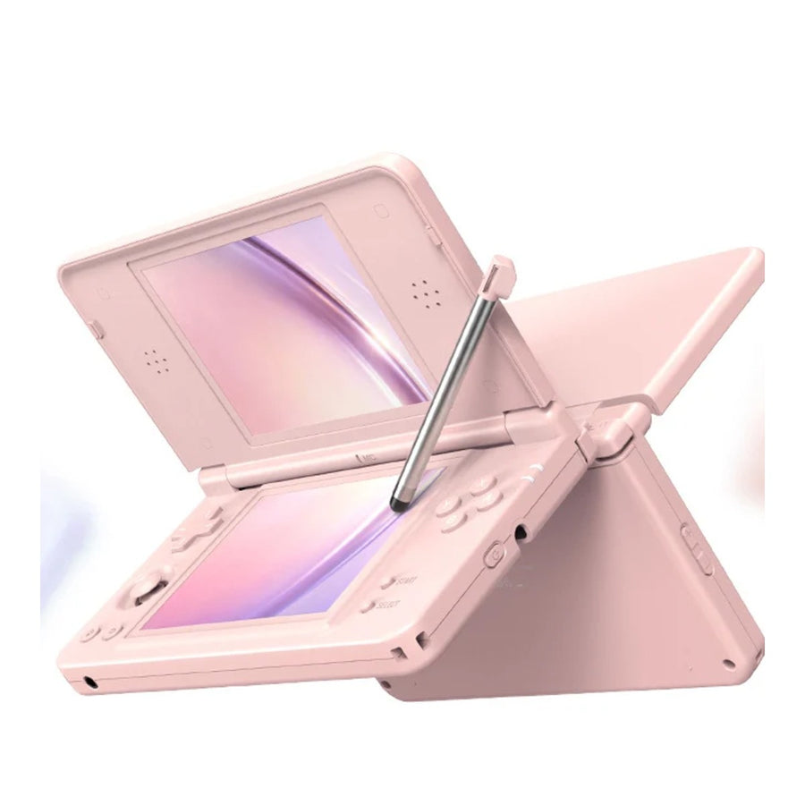Anbernic RG DS Plus rose, console à double écran ouverte avec son stylet