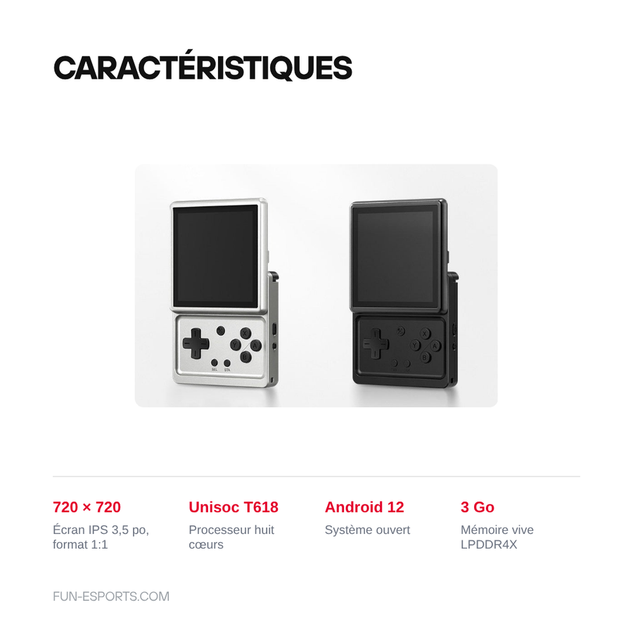 Caractéristiques de l'Anbernic RG Rotate : écran IPS 720 × 720 au format 1:1, Unisoc T618, Android 12 et 3 Go de mémoire vive