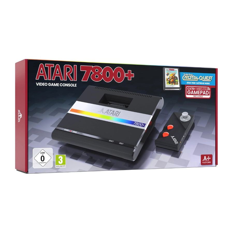 Boîte de l'Atari 7800+ avec manette sans fil CX78+ et cartouche Bentley Bear's Crystal Quest