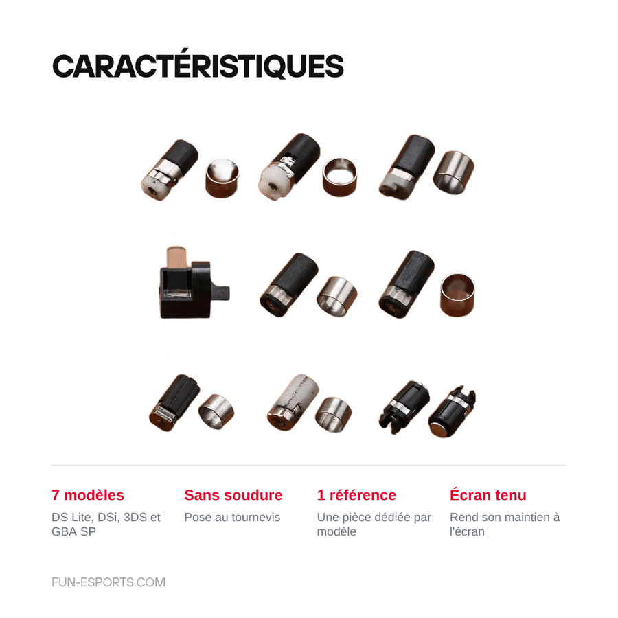 Caractéristiques — Axe de charnière DS Lite, DSi, 3DS, GBA SP — pièce de rechange