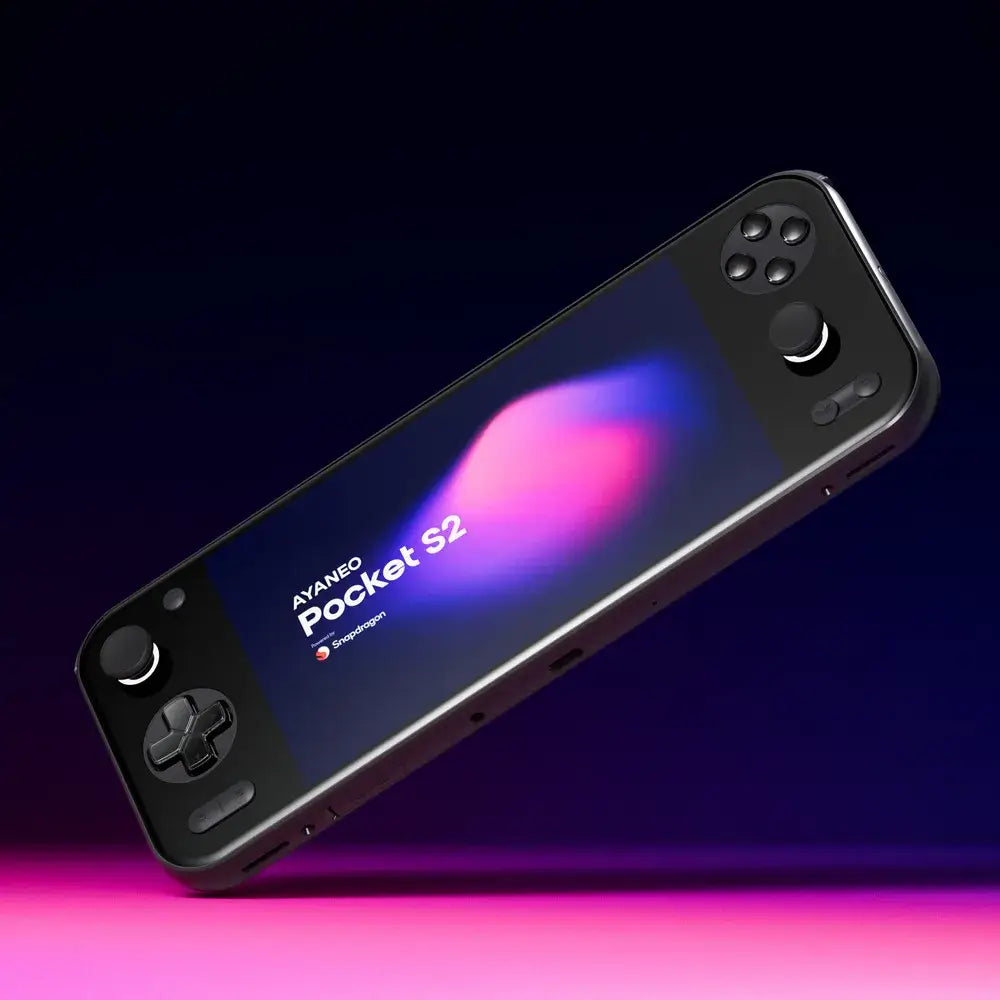 AYANEO Pocket S2 vue de dessus, console portable Android avec écran 2K et contrôles ergonomiques.