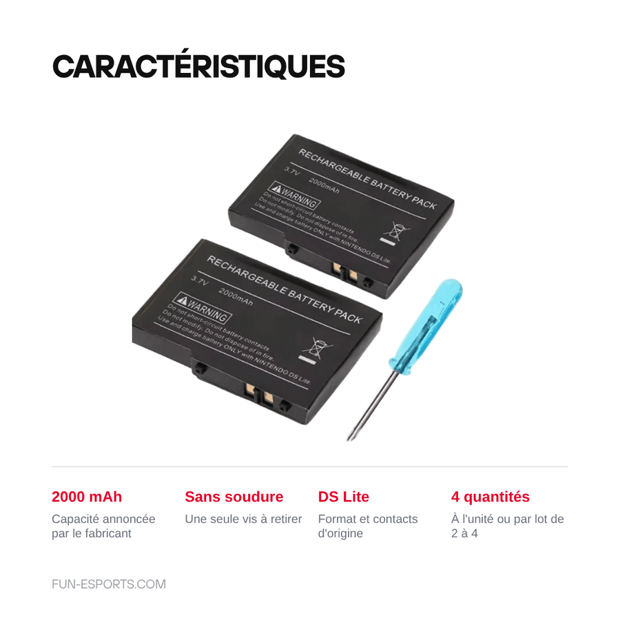 Caractéristiques — Batterie de remplacement pour DS Lite — 2000 mAh, tournevis inclus