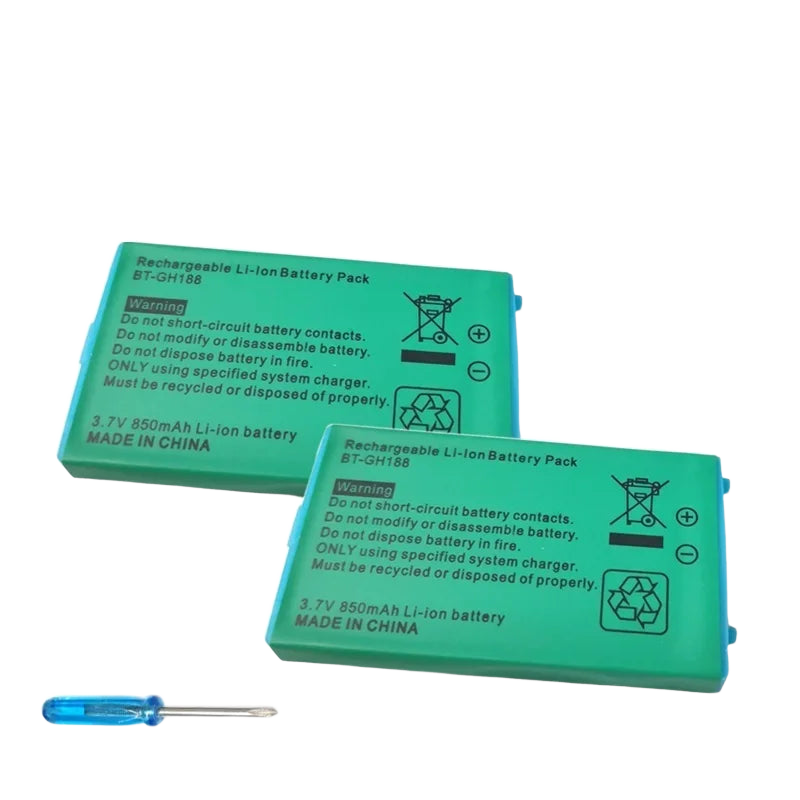 Batterie rechargeable rectangulaire de remplacement avec ses contacts dorés, vue de face