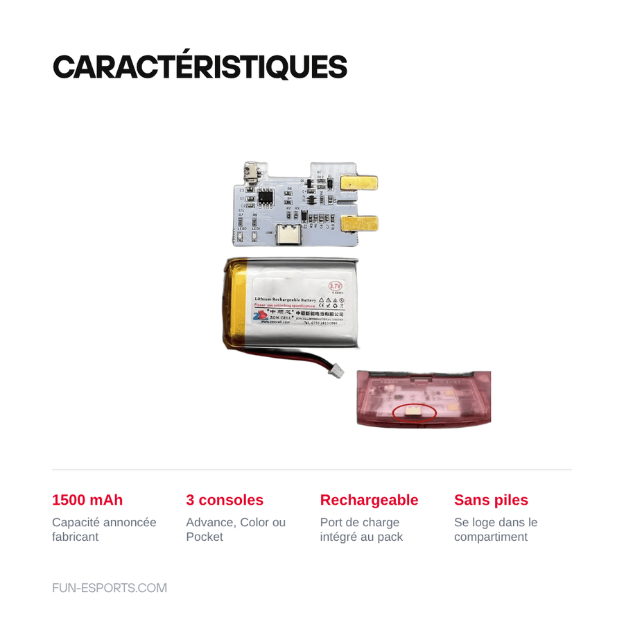 Caractéristiques — Batterie rechargeable 1500 mAh pour Game Boy Advance, Color, Pocket