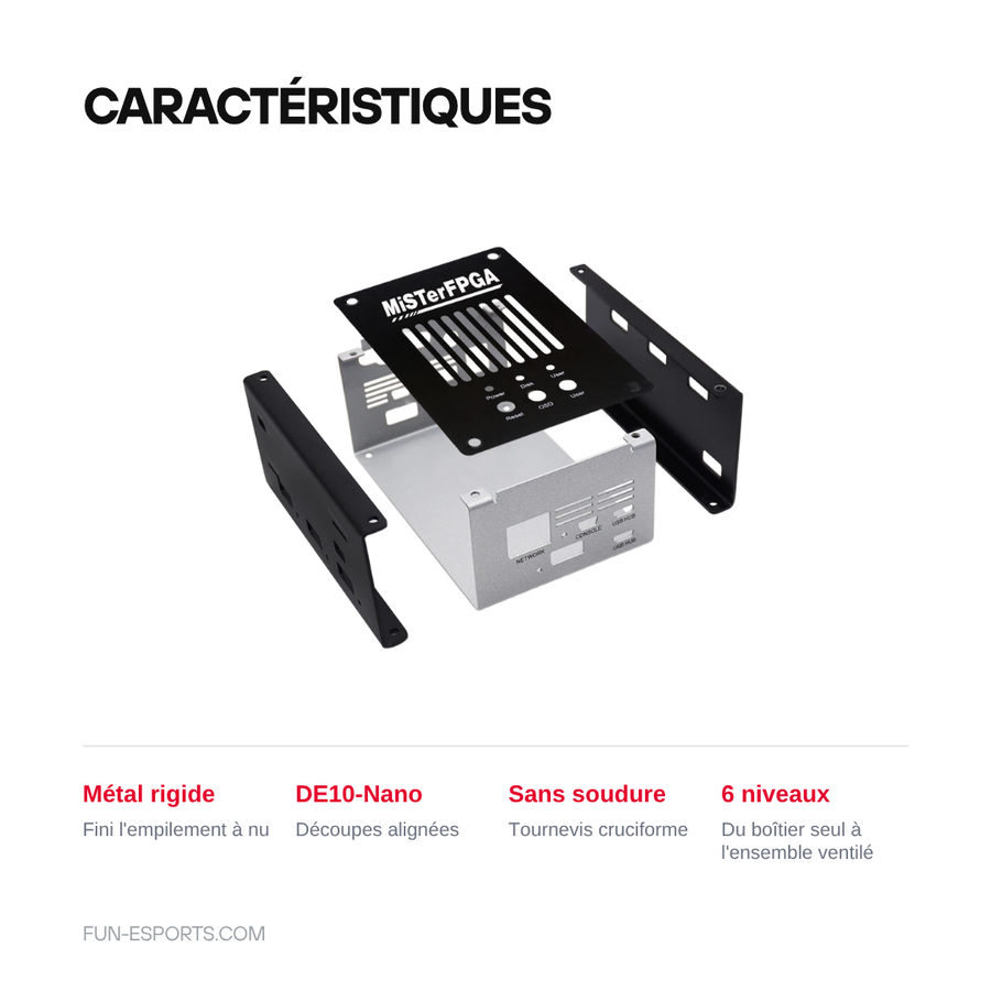 Caractéristiques du boîtier métallique MiSTer FPGA : châssis rigide, découpes alignées sur la DE10-Nano, montage sans soudure, six niveaux d'équipement