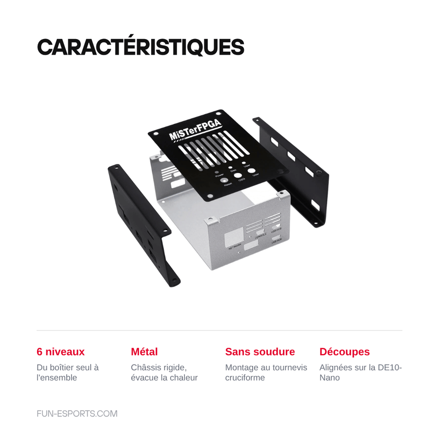 Caractéristiques — Boîtier métallique MiSTer FPGA pour DE10-Nano — hub USB et I/O