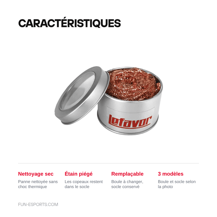 Caractéristiques — Boule de nettoyage pour panne de fer à souder — nettoyage à sec