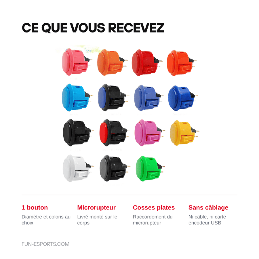 Ce que vous recevez — Bouton d'arcade snap-in 24 ou 30 mm — borne, stick et Raspberry Pi