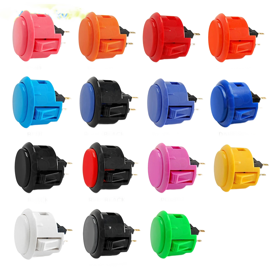 Boutons d'arcade ronds à fixation snap-in de plusieurs couleurs, vus de dessus avec leur microswitch