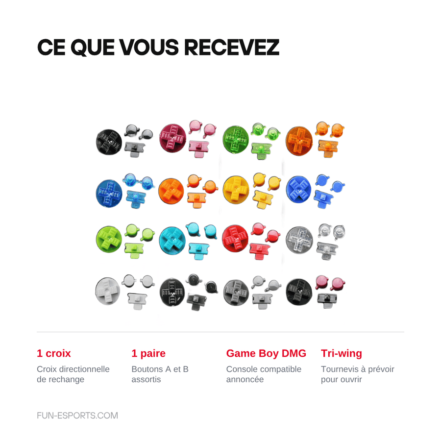 Ce que vous recevez — Boutons A/B et croix directionnelle Game Boy — kit de remplacement