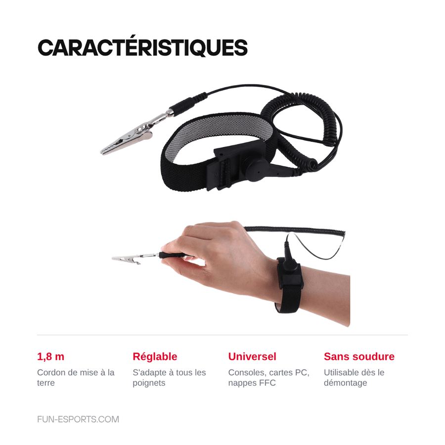 Caractéristiques — Bracelet antistatique ESD réglable — cordon de mise à la terre 1,8 m