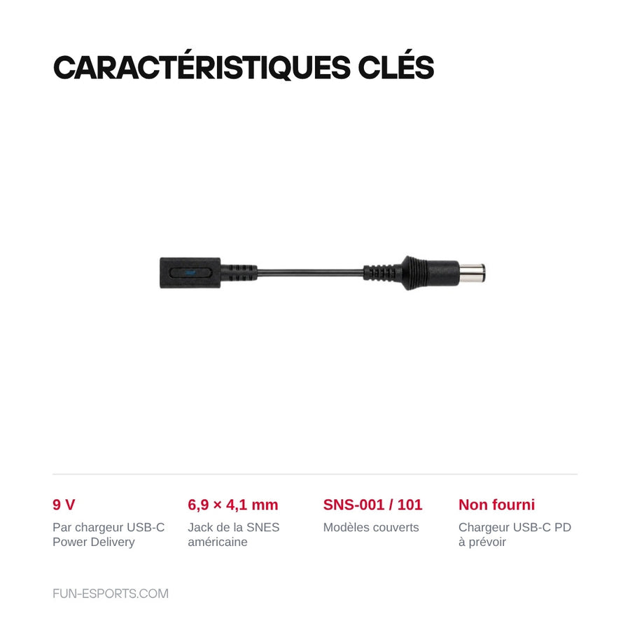 US SNES 9 V USB-C cable key features: 6.9 × 4.1 mm barrel, SNS-001 and SNS-101 models, USB-C PD charger not included
