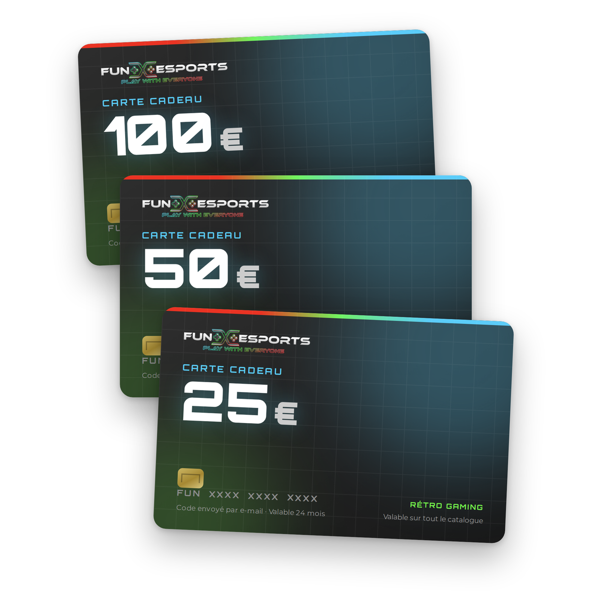 Carte cadeau Fun-Esports — 25, 50 ou 100 € — rétro gaming, valable sur tout le catalogue