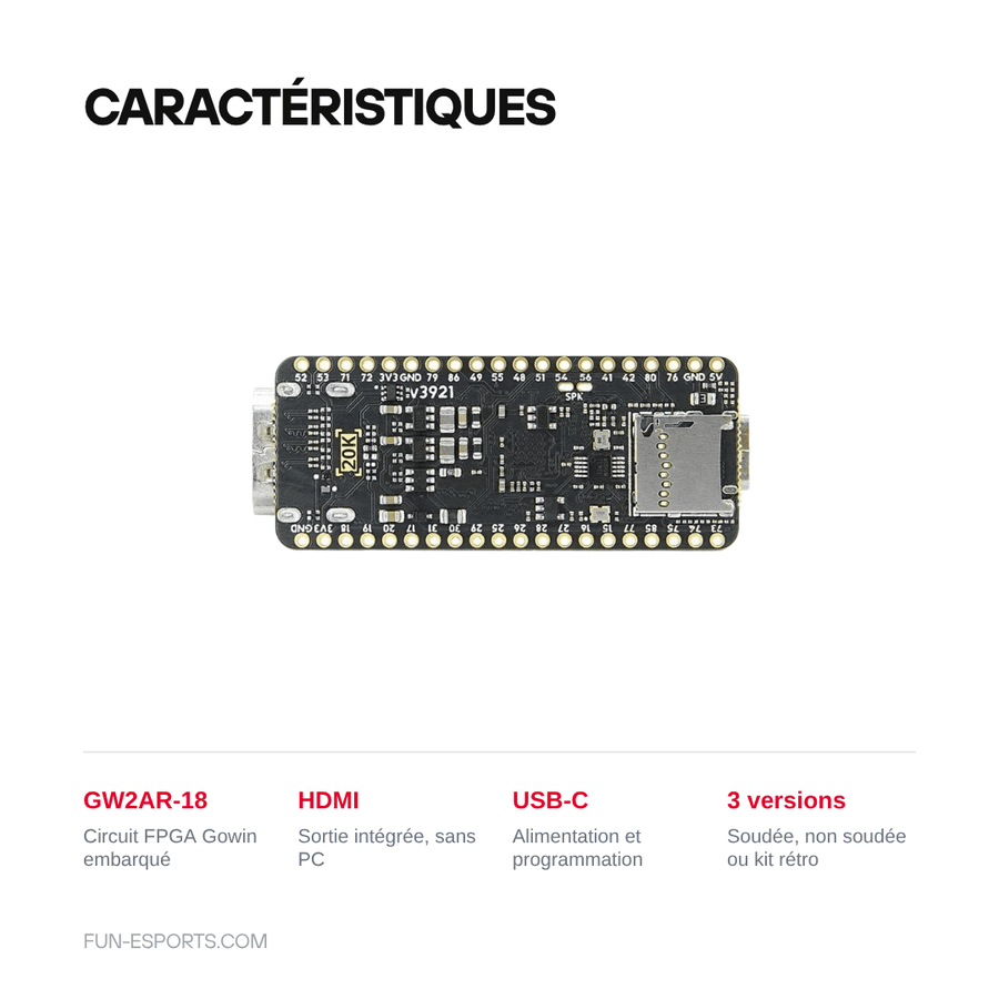 Caractéristiques — Carte FPGA Sipeed Tang Nano 20K — cœurs rétro open source en HDMI