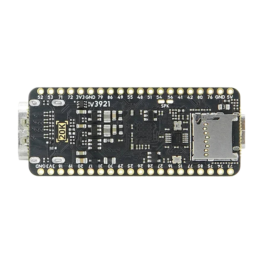 Petite carte de développement FPGA vue de dessus, puce centrale, sortie HDMI et rangées de broches