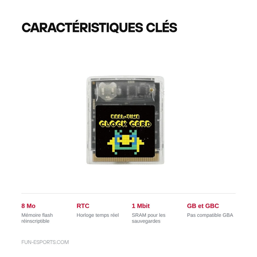 Caractéristiques de la cartouche flash GB et GBC : 8 Mo, horloge RTC, 1 Mbit de SRAM, non compatible GBA