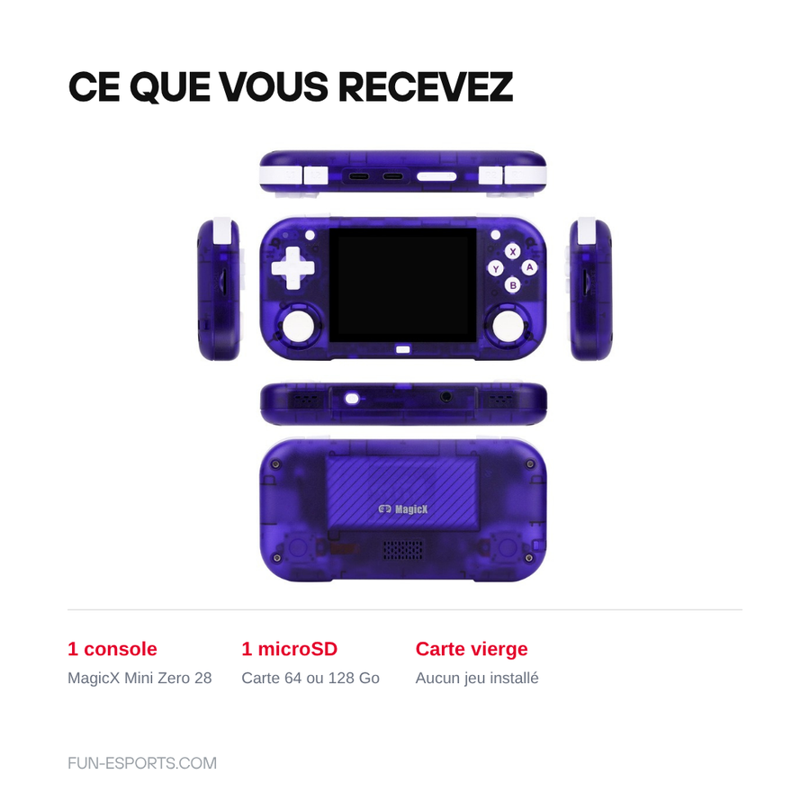 Contenu du kit de la console MagicX Mini Zero 28 : une console et une carte microSD vierge de 64 ou 128 Go, sans jeu installé