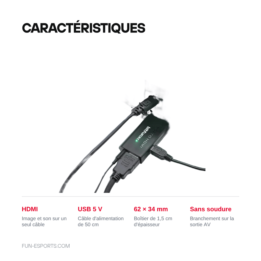 Caractéristiques — Convertisseur PS2 et PS3 vers HDMI — BitFunx, alimenté en USB