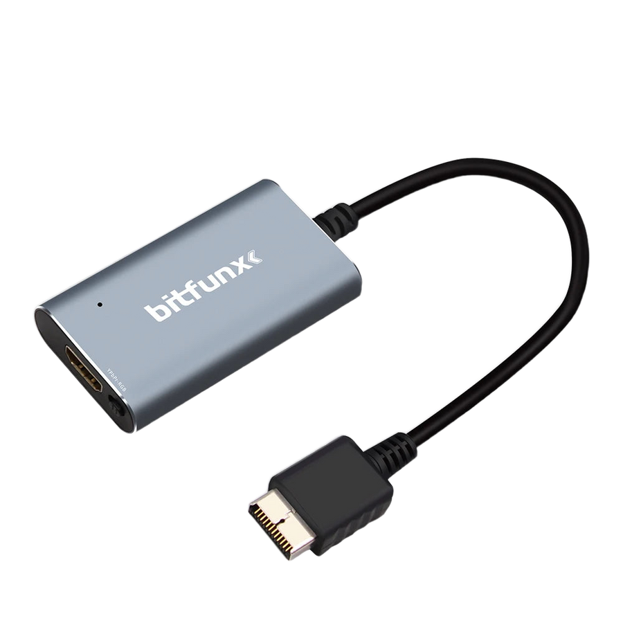 Boîtier convertisseur vidéo noir avec sa prise péritel et sa sortie HDMI, vu de trois quarts