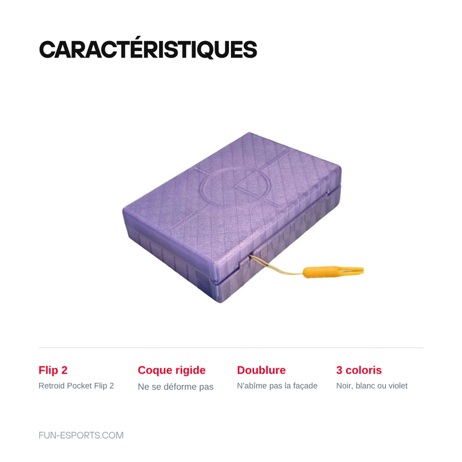 Caractéristiques de la coque de transport Retroid Pocket Flip 2 : coque rigide qui ne se déforme pas, doublure intérieure, trois coloris noir, blanc ou violet
