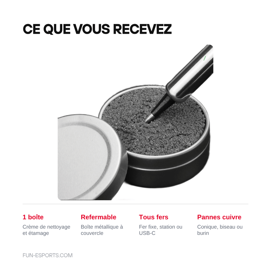 Ce que vous recevez — Crème de nettoyage et d'étamage de panne de fer à souder — 6 à 26 g